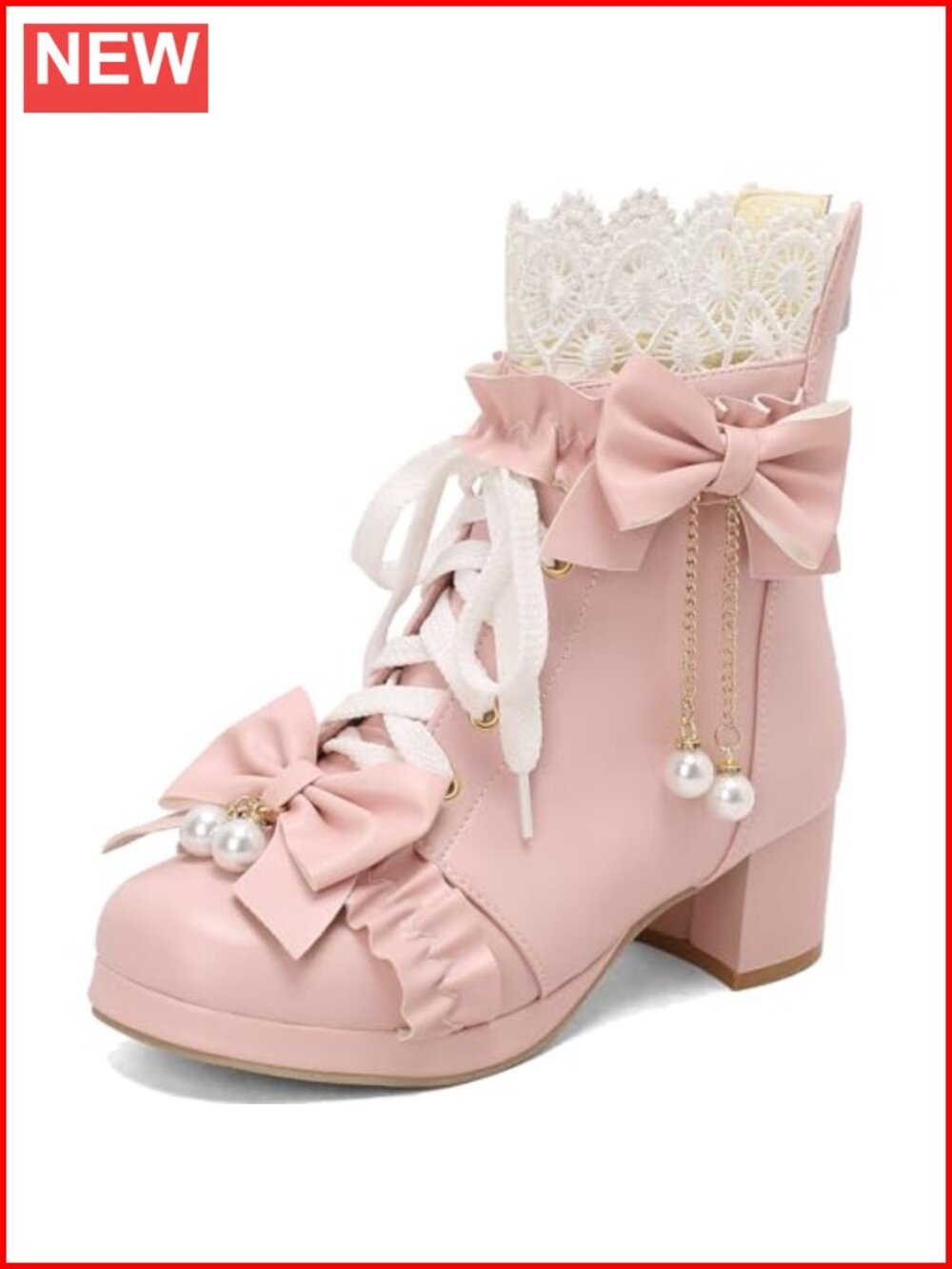 Lace Up Ankle Boots with Bow Kawaii Shoes Chunky Mid Heel